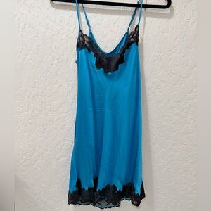 100% SILK Blue Lace-Trim Satin Chemise Slip